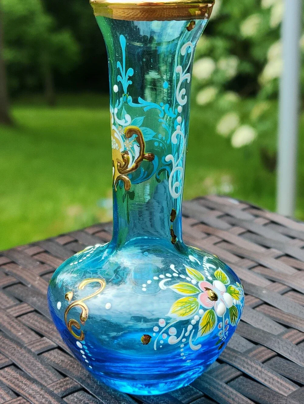 Vtg Glass Boho MCM Azure Blue Vase Hand painted Gold Embellishments Floral EUC